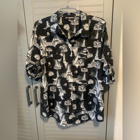 Karl Lagerfeld Set of 2 Black & White Abstract Building Button Down Blouse Sz M - Picture 8 of 16